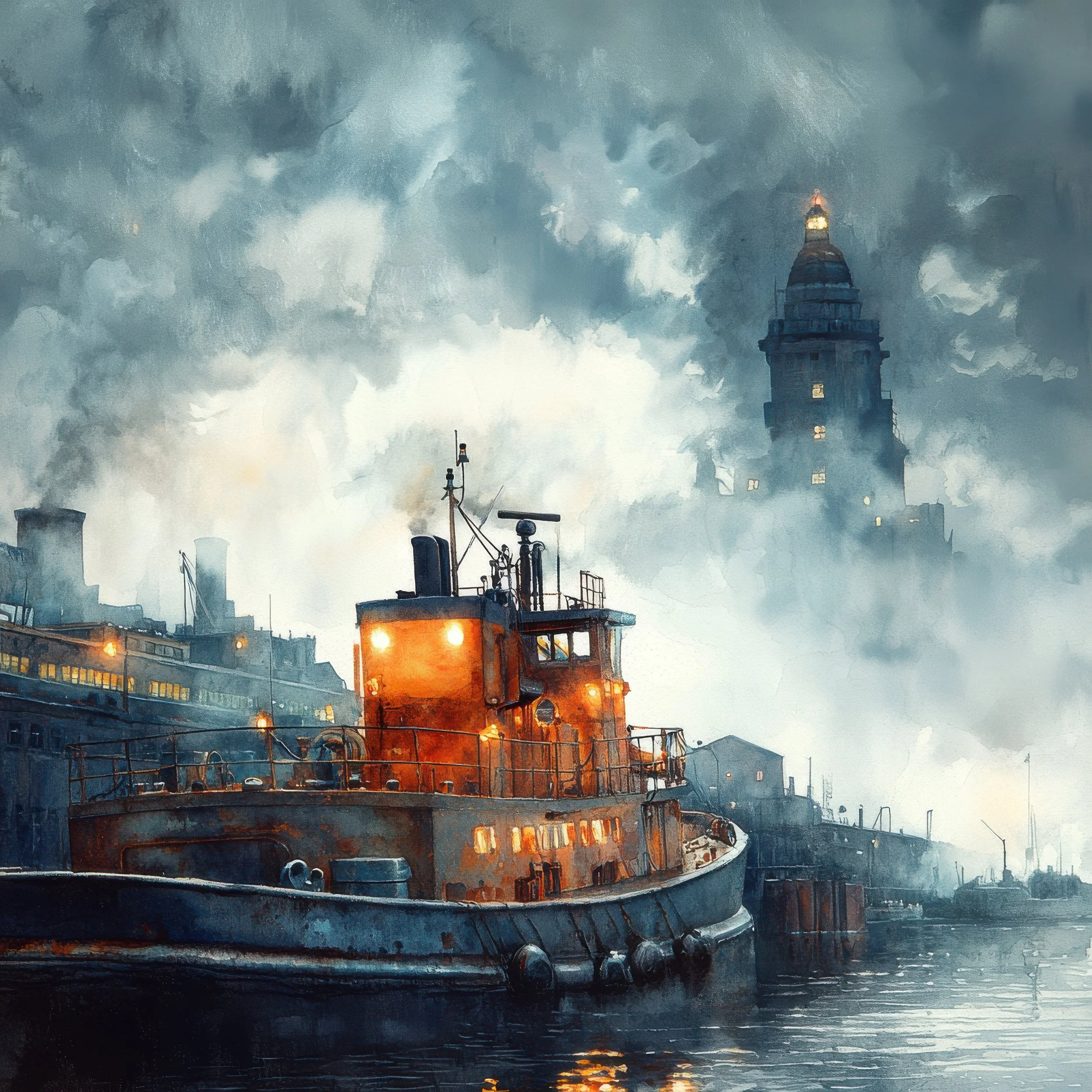 A working tugboat rests in a mist-covered industrial harbor beneath a dramatic city skyline.