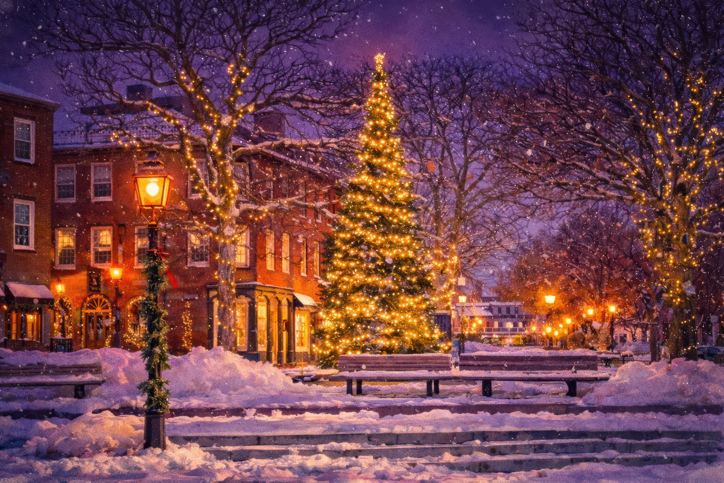 A brightly illuminated Christmas tree stands in a snow-covered historic town square at dusk.