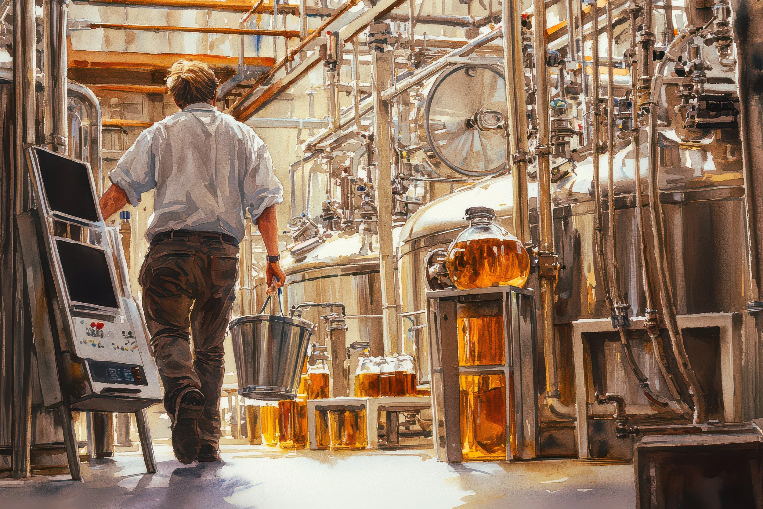 A worker walks through an industrial processing facility surrounded by stainless-steel tanks, pipes, machinery, and containers of amber liquid.