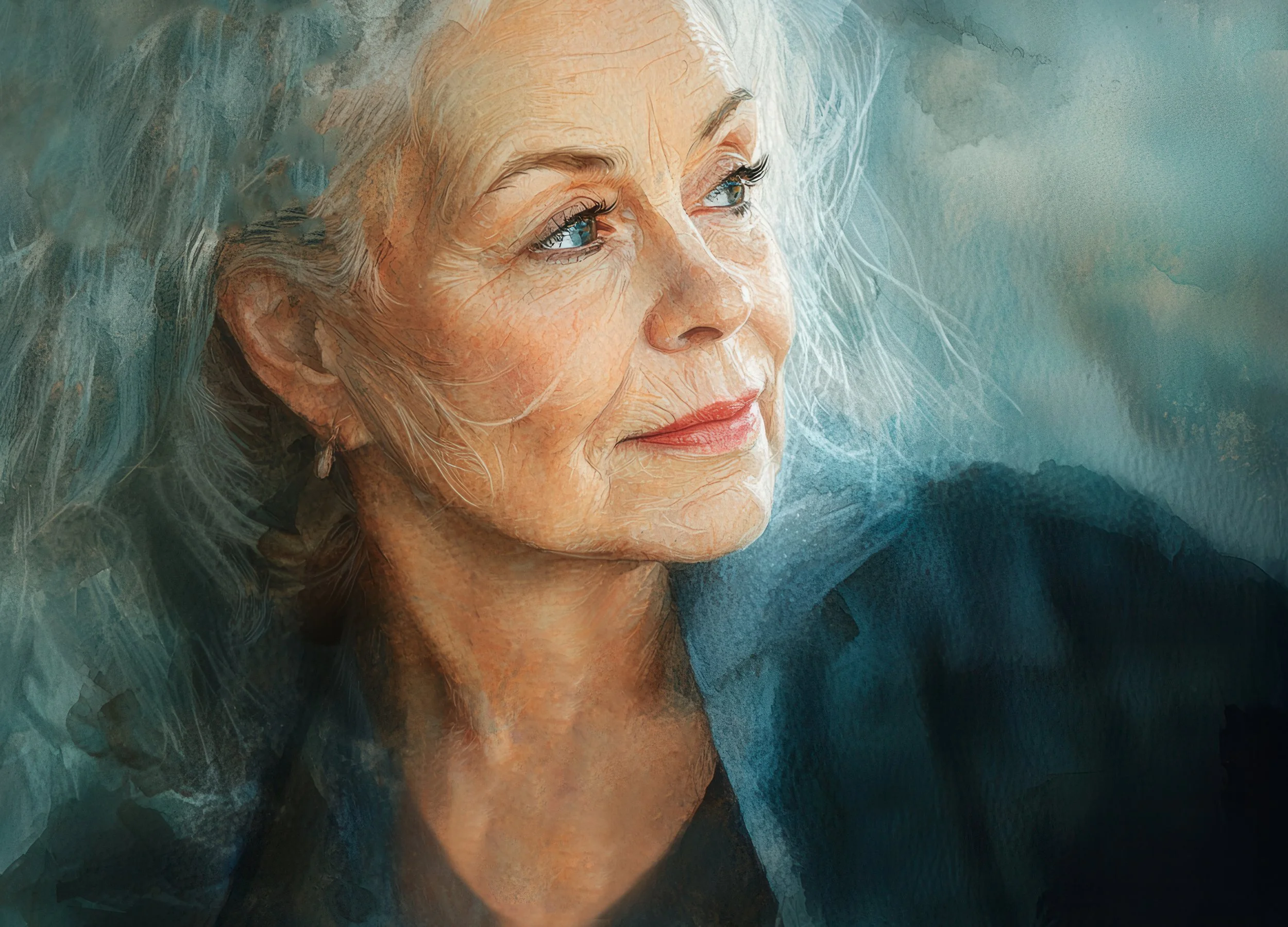 An elegant older woman with silver hair gazes thoughtfully into the distance against a softly painted blue background.