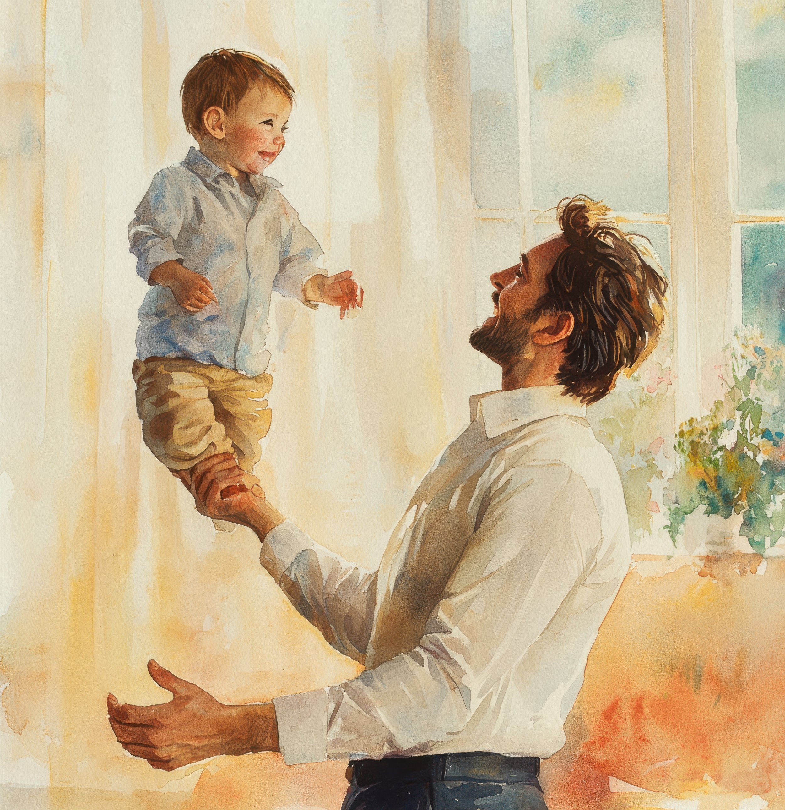 A father balances his laughing young son on one hand during a playful moment at home.
