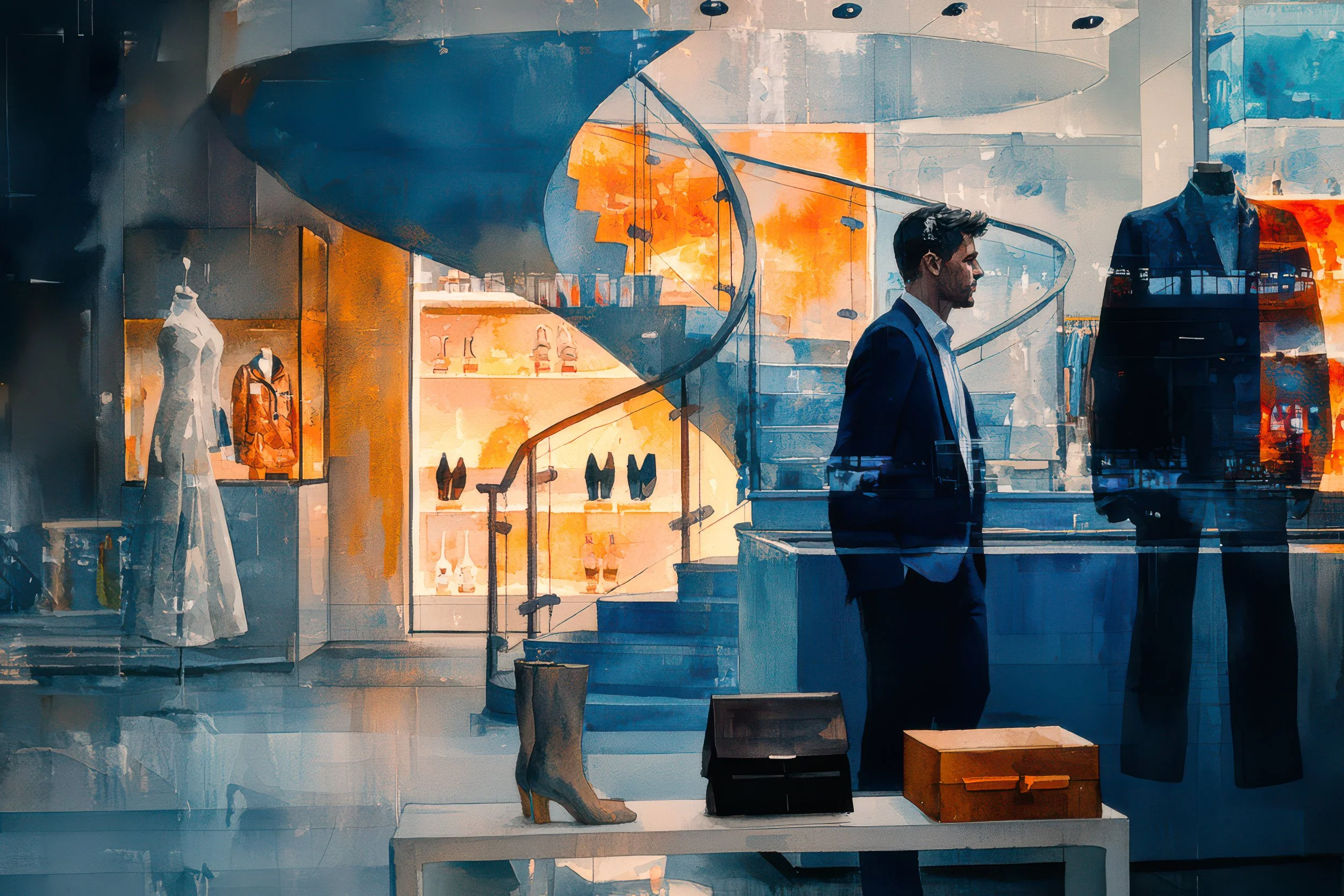 A well-dressed man stands inside a contemporary clothing boutique surrounded by displays, reflections, and a sweeping staircase.