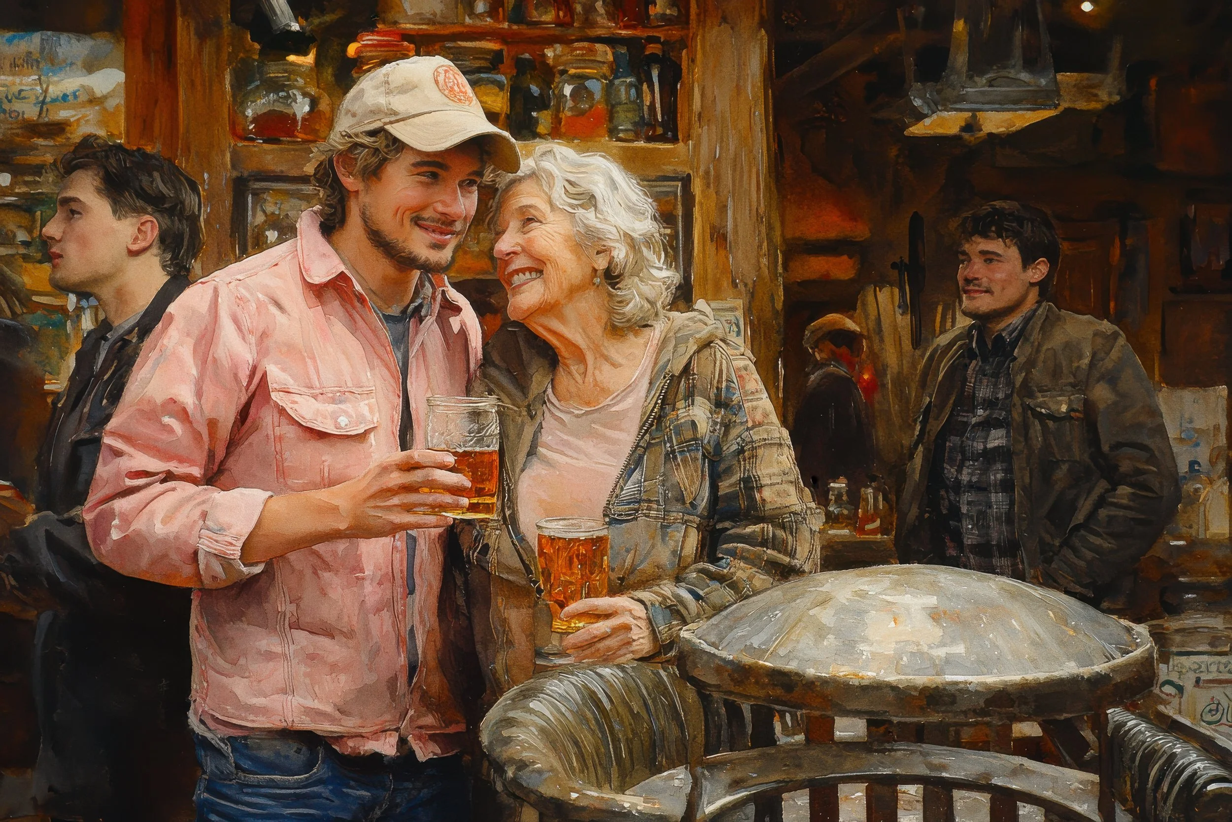 A young man and an older woman share drinks and a warm laugh outside a crowded neighborhood bar.