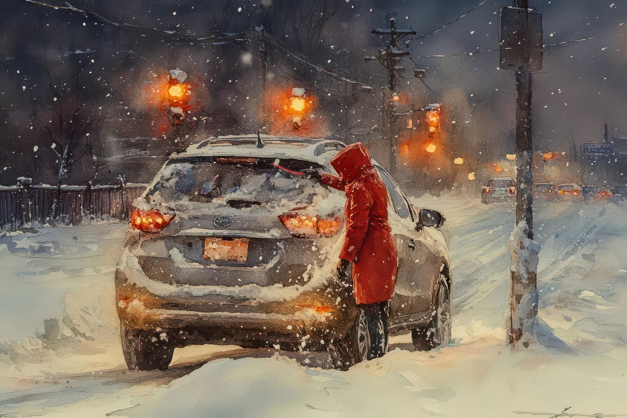 A woman in a bright red coat clears heavy snow from her car during an evening winter storm.