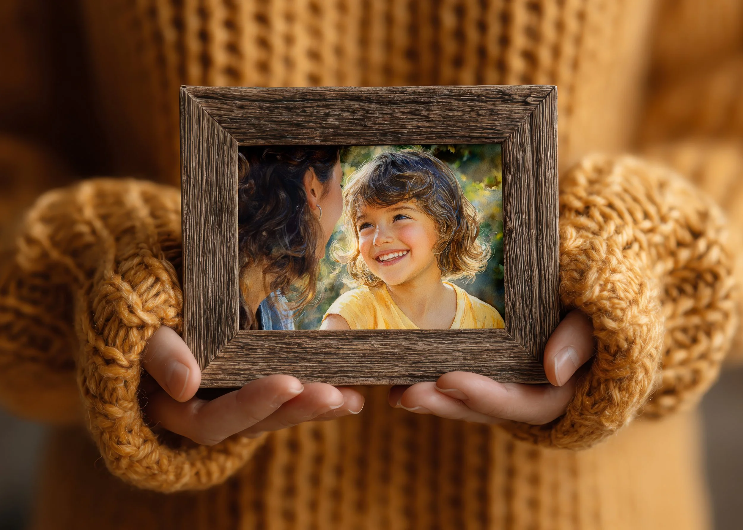 Hands in a mustard knit sweater holding a rustic wooden frame containing a photograph of a smiling child looking up at a woman.