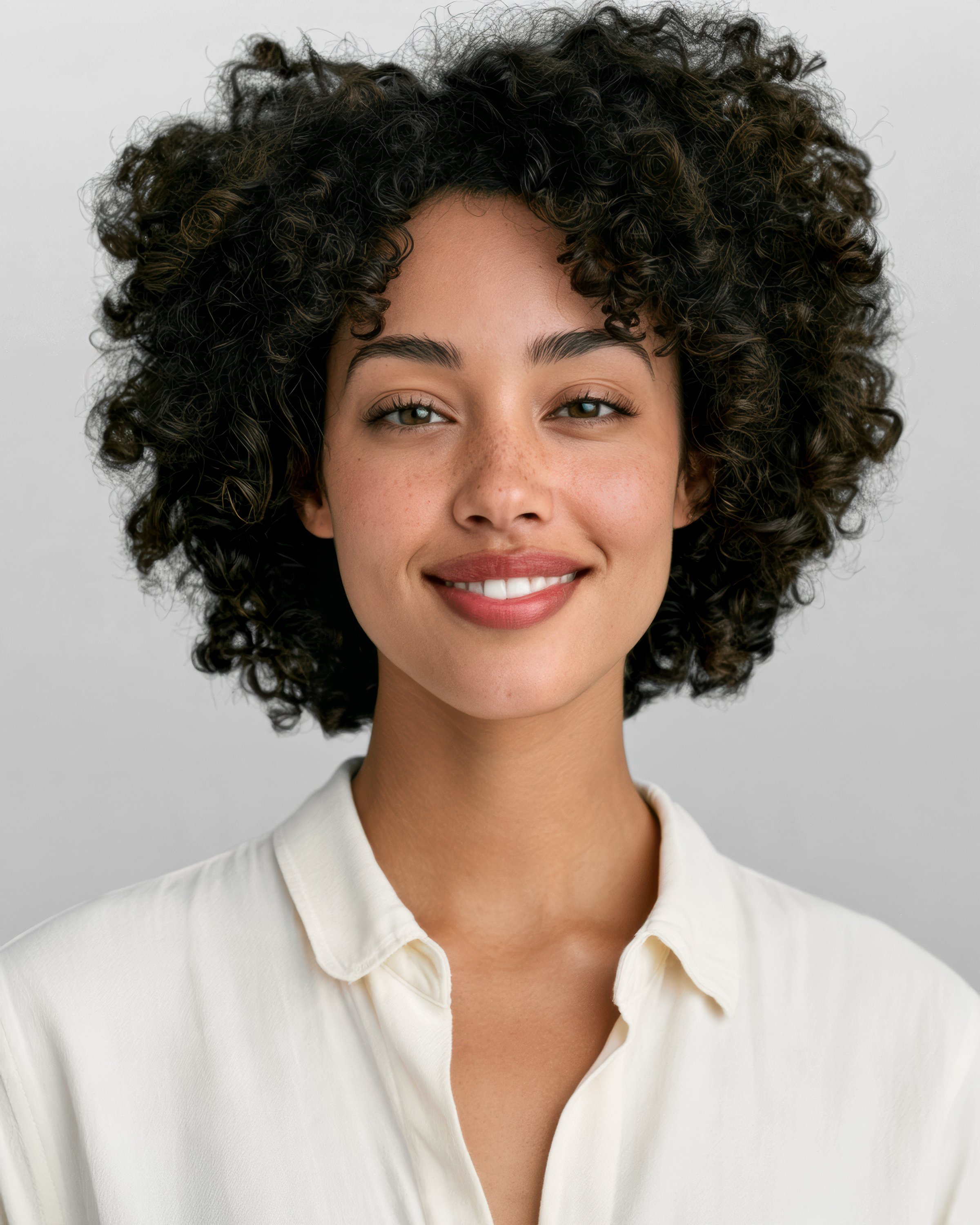 Studio portrait of a smiling woman with short, dark curls wearing a white blouse against a soft gray background.