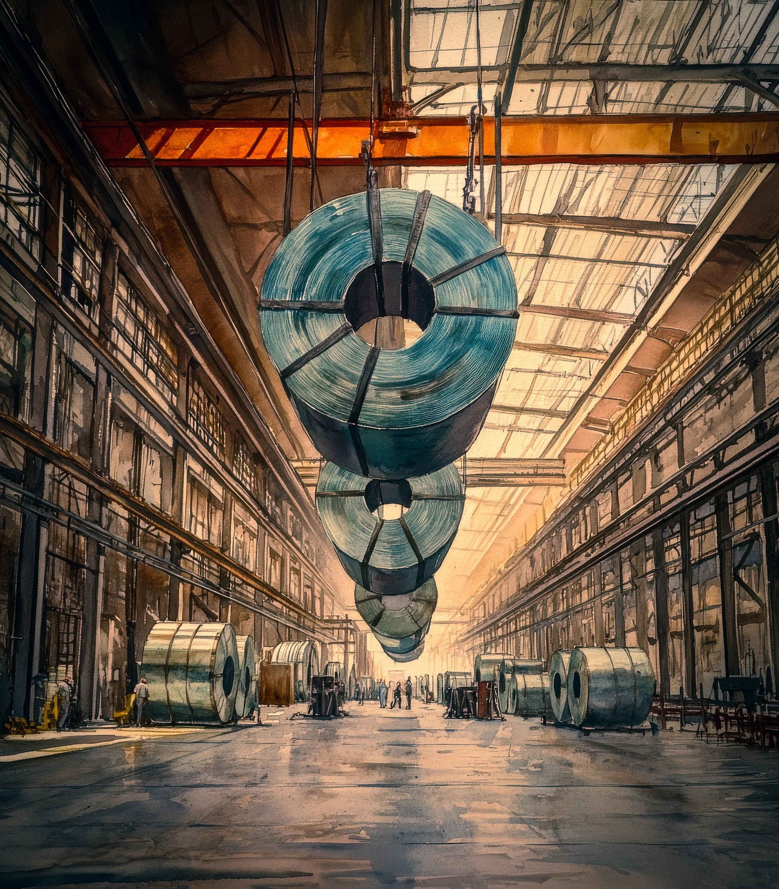 Massive rolls of coiled steel hang from an overhead crane inside a vast industrial manufacturing plant.