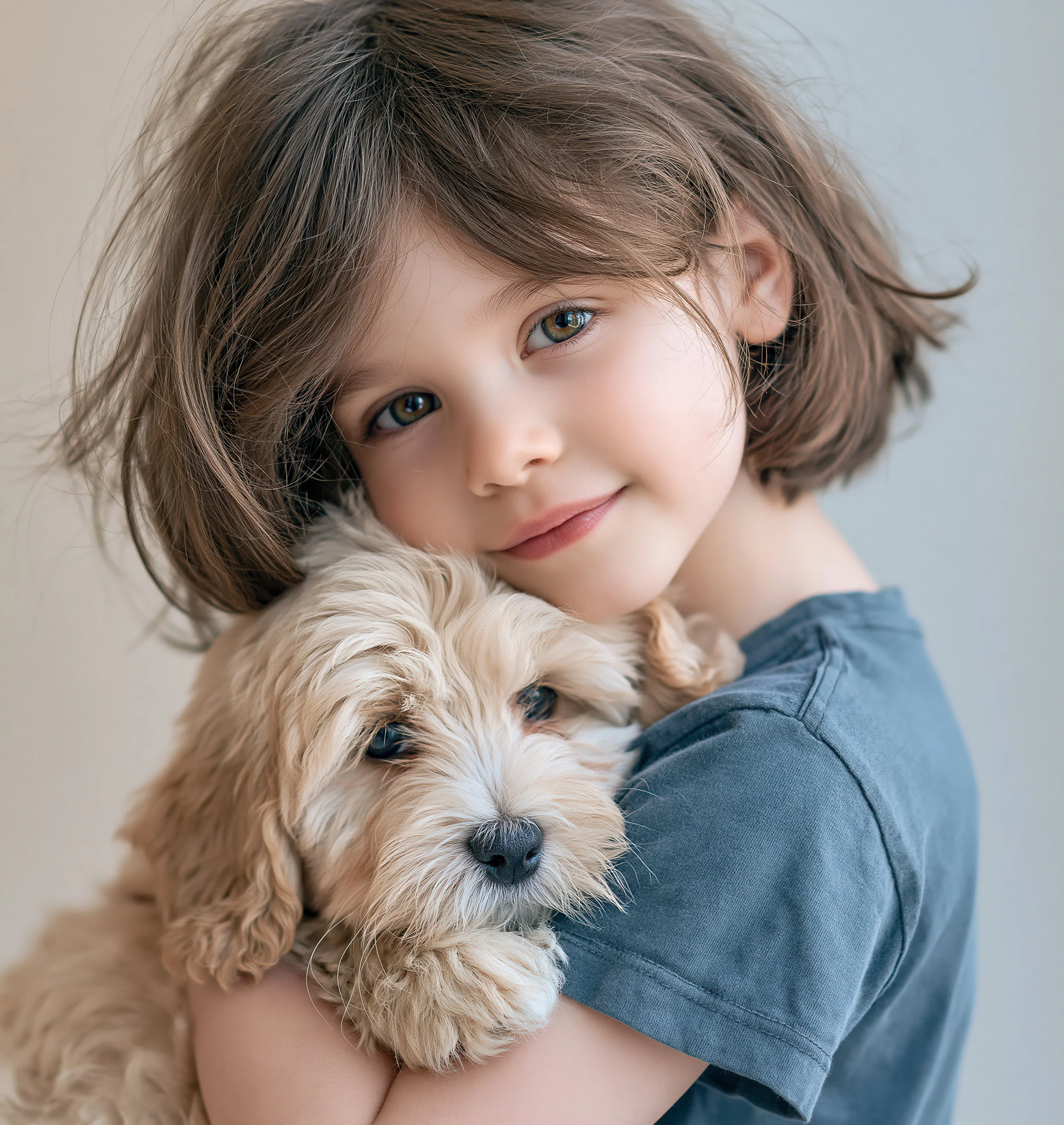 A young child gently holding a small curly-haired puppy against a softly lit background.