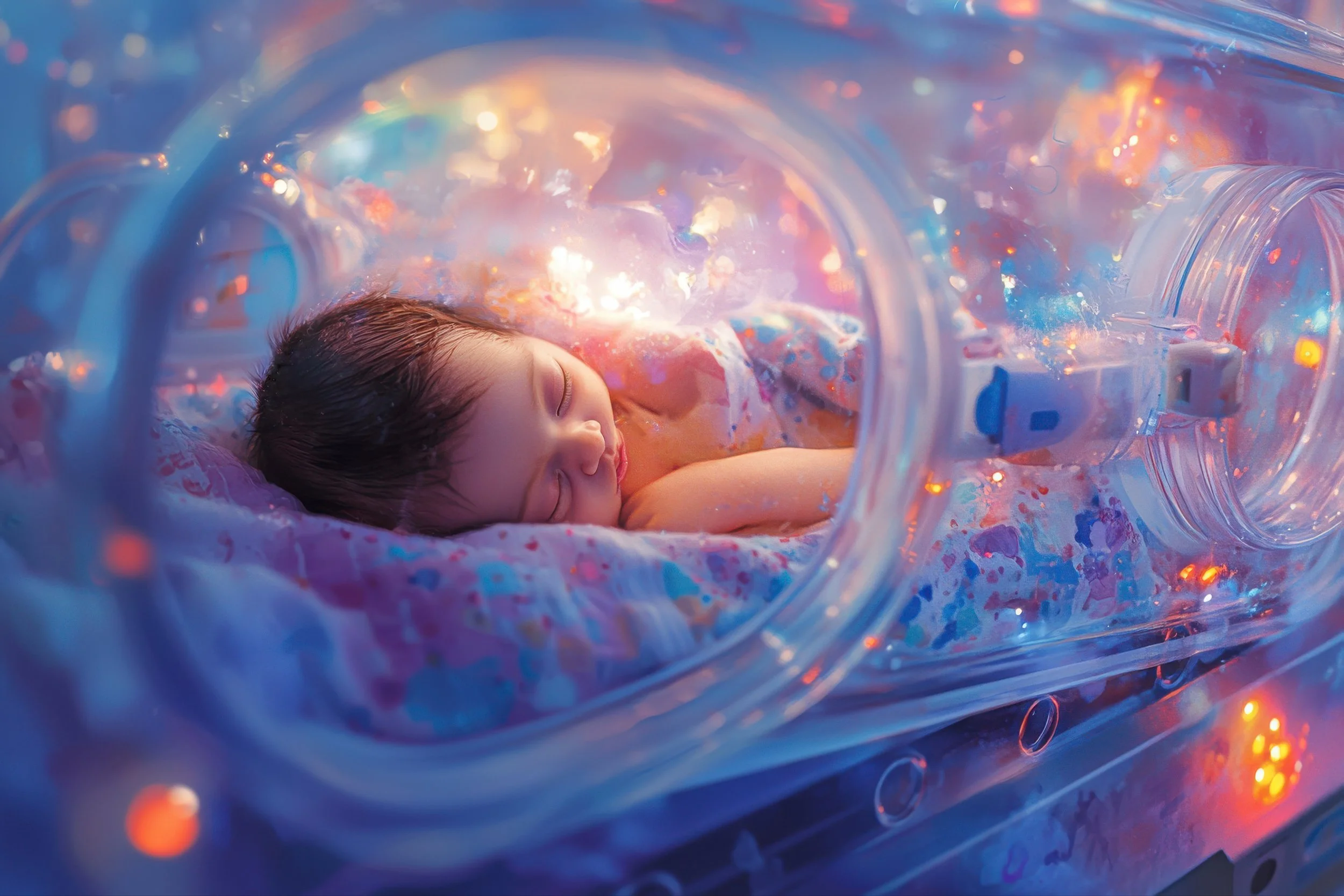 A newborn baby sleeps peacefully inside the softly illuminated protection of a hospital incubator.