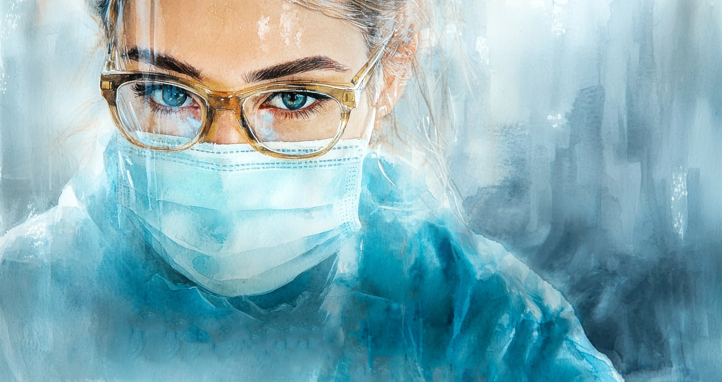 A healthcare professional wearing glasses, a surgical mask, and blue scrubs looks directly toward the camera.