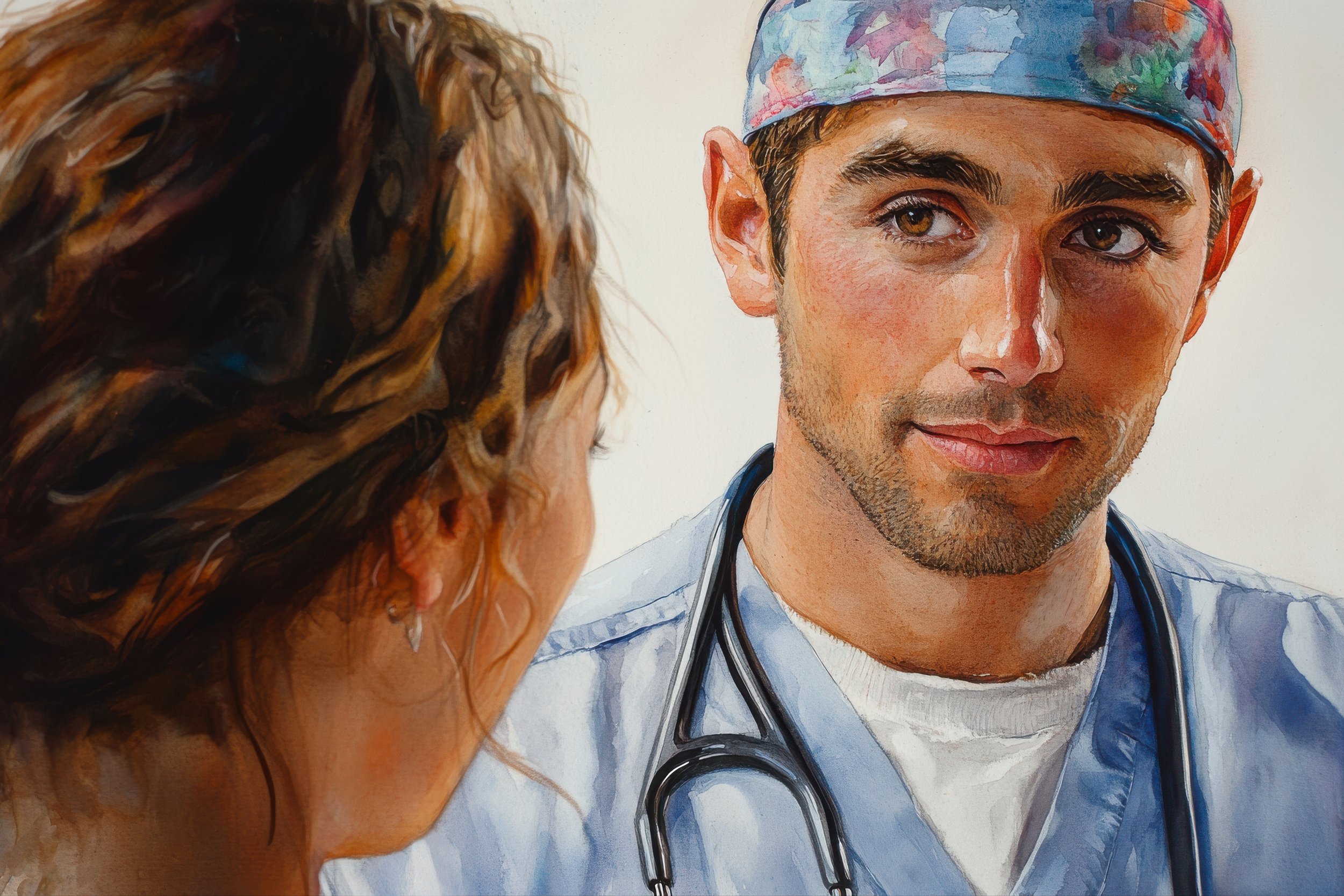A physician in surgical scrubs listens closely while speaking with a patient.