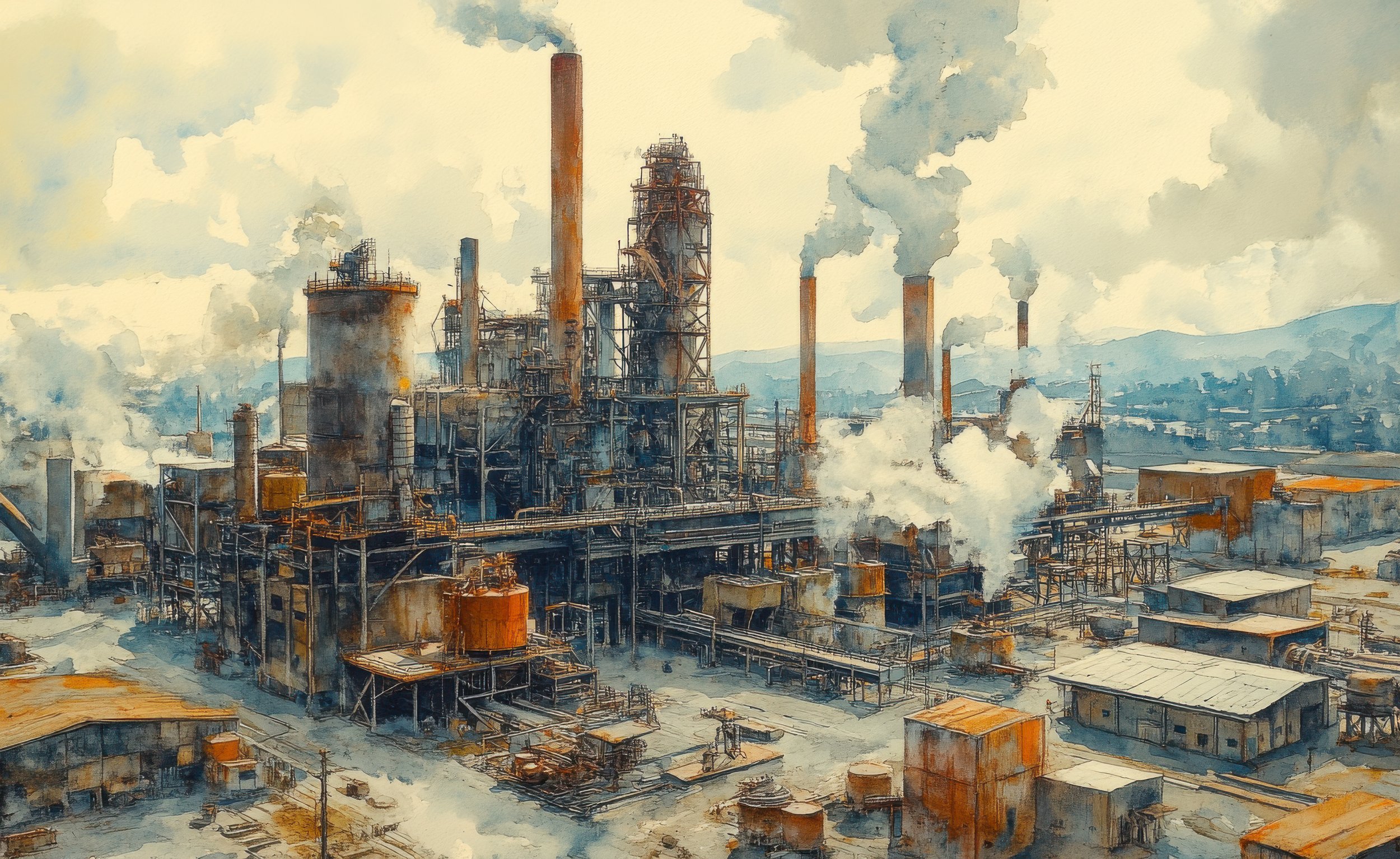 Steam and smoke rise above an expansive industrial plant filled with towers, pipes, machinery, and weathered steel.