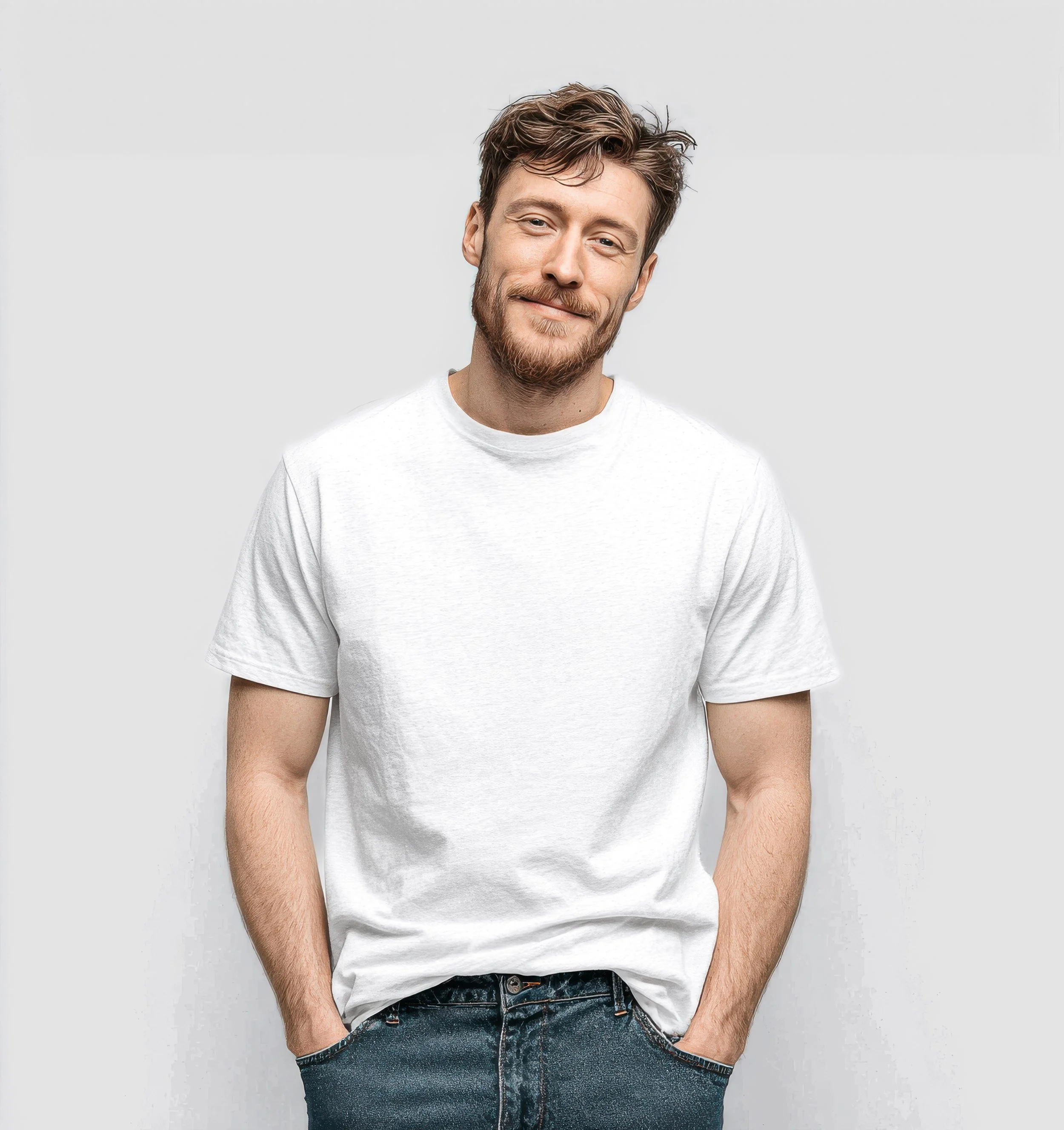 A relaxed portrait of a young man with a short beard wearing a white T-shirt and jeans against a light gray background.
