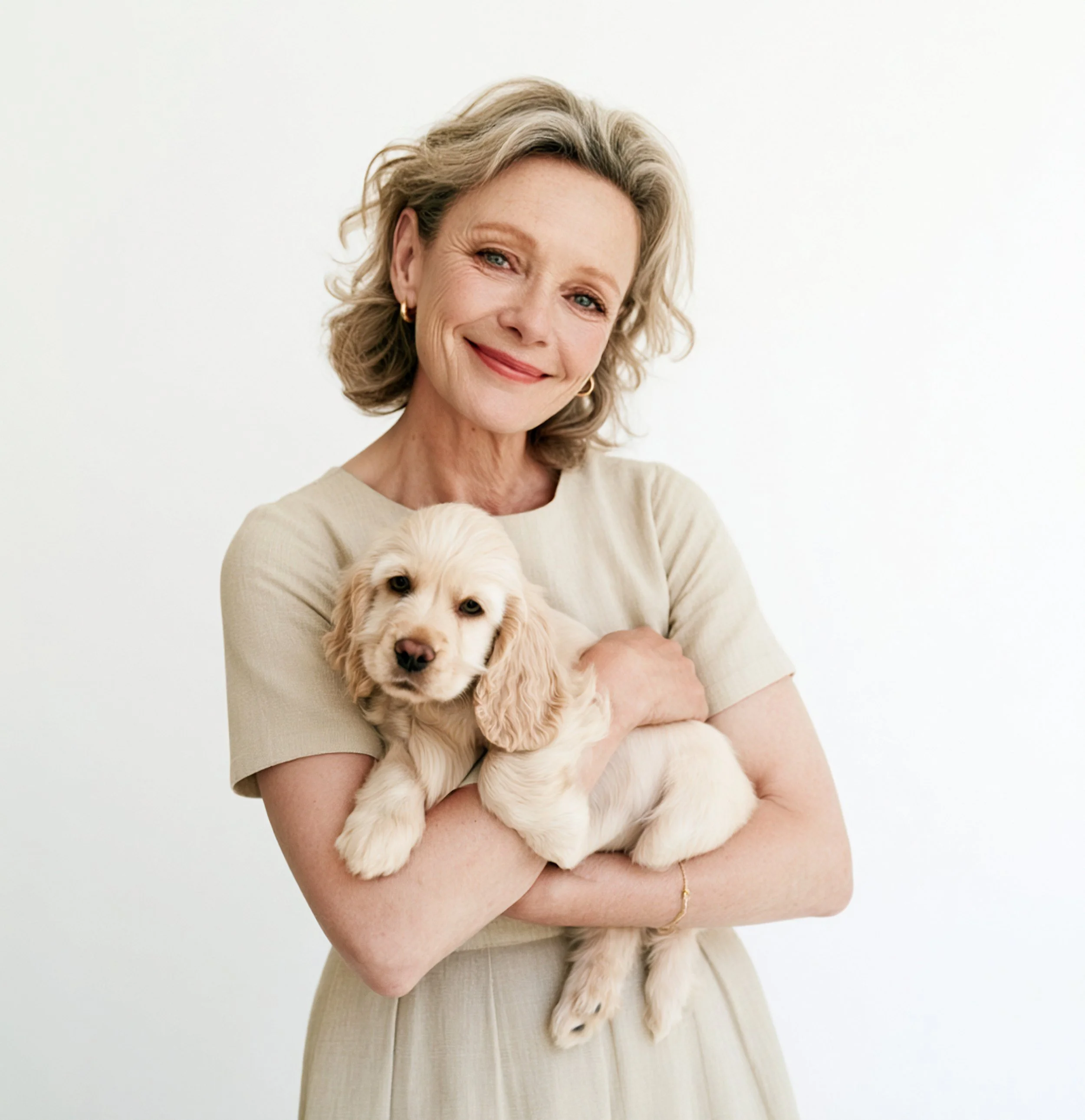 Smiling woman in a cream dress cradling a light-colored spaniel puppy against a white background.