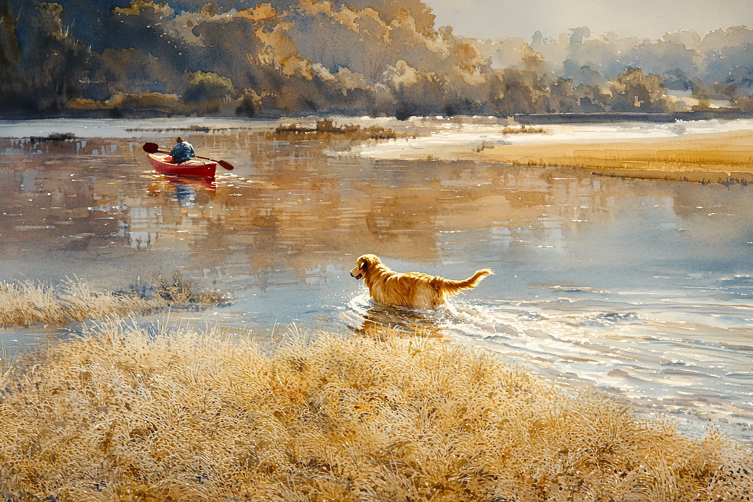 man-kayaking-with-dog-wading-in-river-photographic-art.jpg