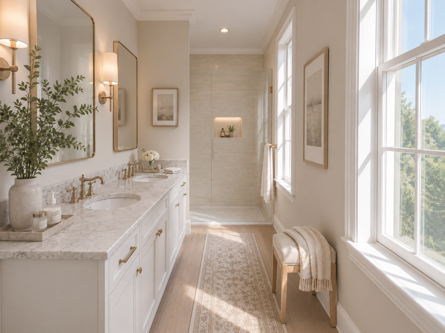 Bright bathroom with double vanity with marble countertops, gold fixtures, large mirrors, and a potted plant. In the background, a walk-in shower with glass doors and built-in niche, and a window letting in natural light.