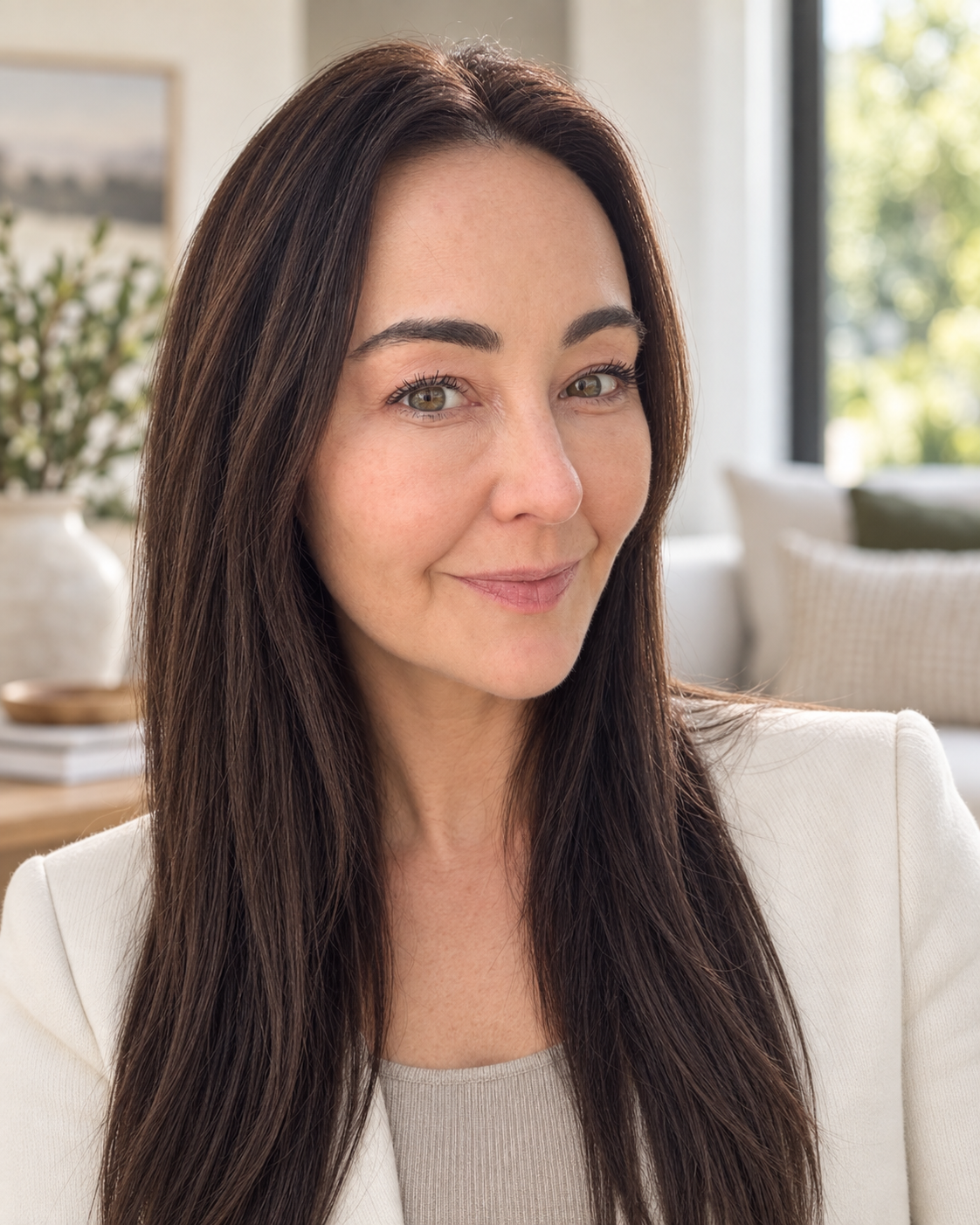 A woman with long dark hair and light skin posing indoors with a smile, wearing a white blazer, with a window and plants in the background.
