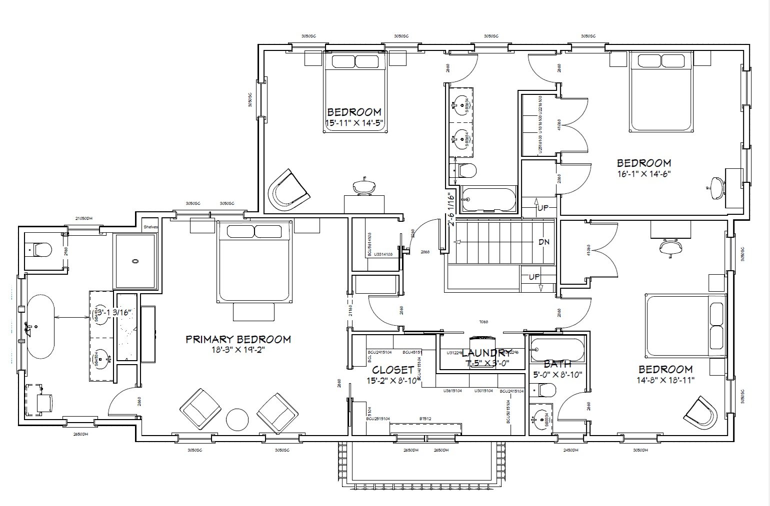 SECOND FLOOR: We optimized this floor plan by using the small front bedroom into the primary closet and a new 2nd floor laundry. We also added a en suite to the front right bedroom and turned the back bathroom into a jack and jill connecting to a new