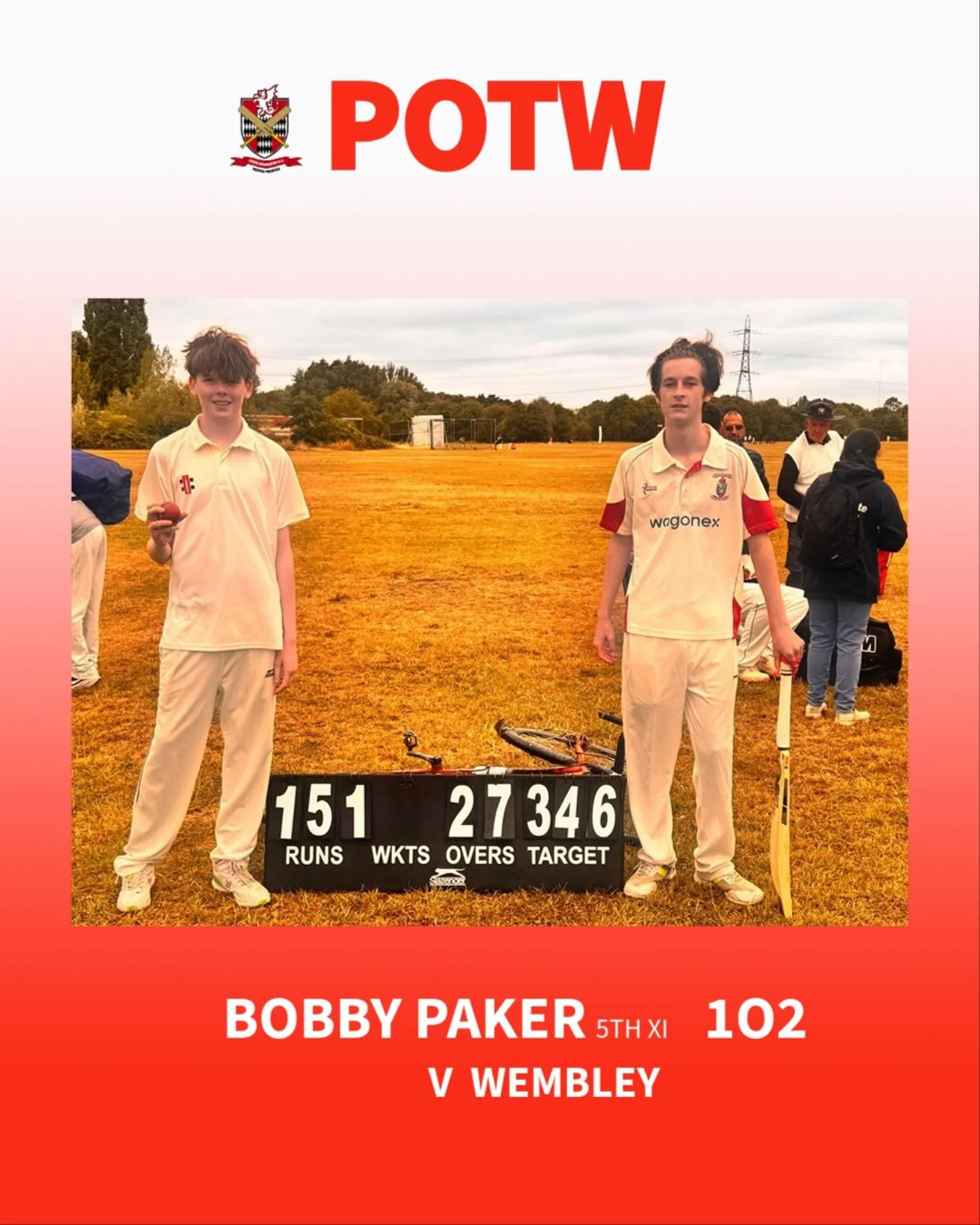 POTW goes to another young rising star, Bobby Paker, who on Saturday smashed a run a ball maiden century for the club! Along with some able shipmates, Bobby made 102, opening the batting with Faizaan (73) for a quite magnificent 173 run partnership. 