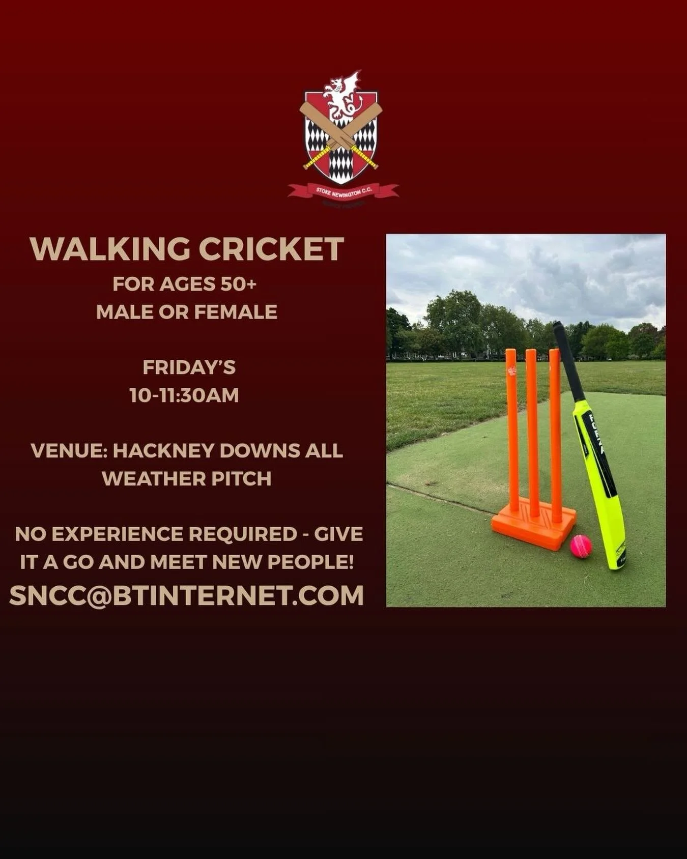 Walking cricket moves outside to a new home for the summer months. From tomorrow Hackney Downs is the venue to come and experience your new favourite sport. @middlesexinthecommunity @stokeycricket #walkingcricket #attheheartofhackneycricket