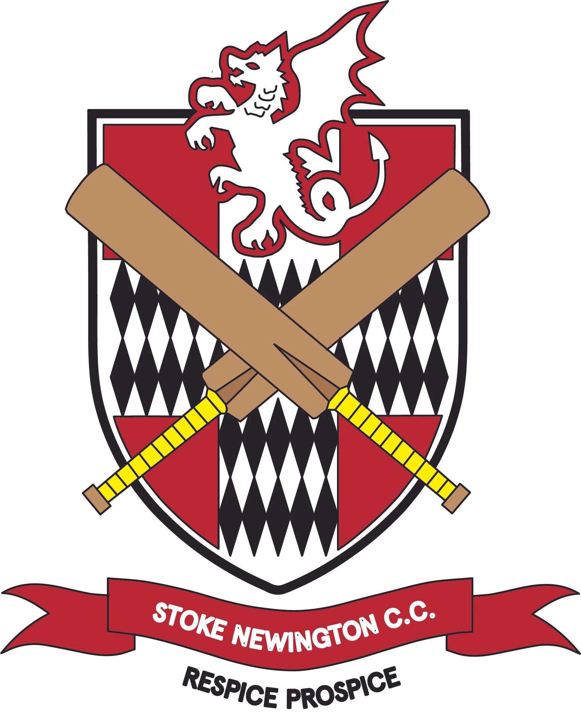 Coat of arms for Stoke Newington Cricket Club in London, featuring crossed bats