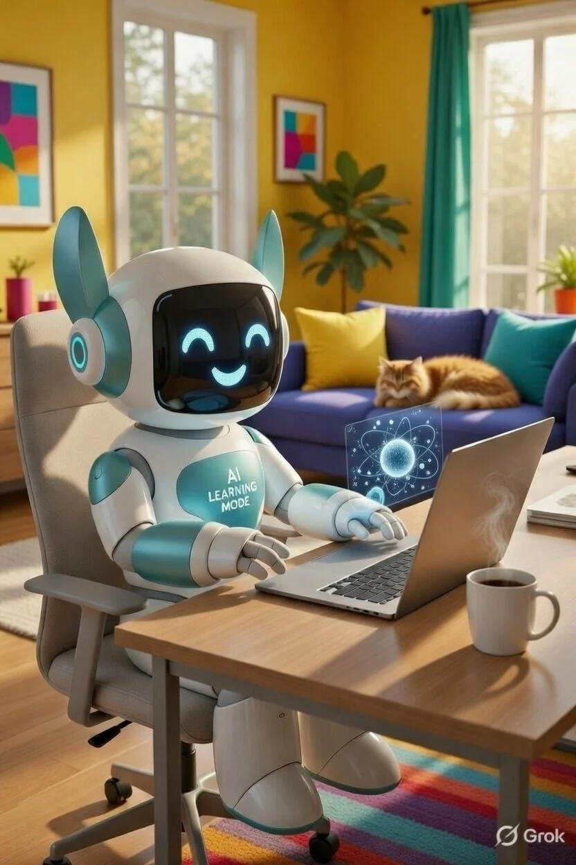 A robot with a smiling face and bunny ears working on a laptop at a desk in a colorful living room, with a cat sleeping on a sofa in the background.