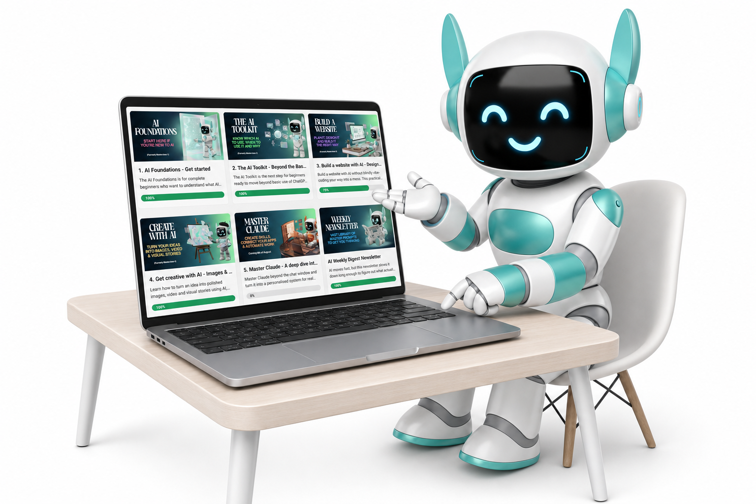 A friendly robot with a smiling face on its screen, seated at a light wood desk with a silver laptop displaying online courses about AI, pointing at the laptop screen.
