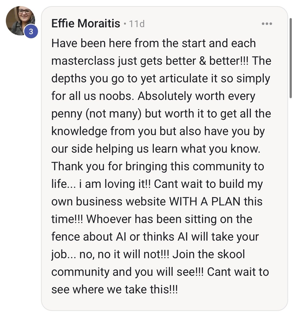Screenshot of a Facebook comment by Effie Moraitis expressing enthusiasm for learning, community, and building a business website, mentioning AI and AI's impact on jobs.