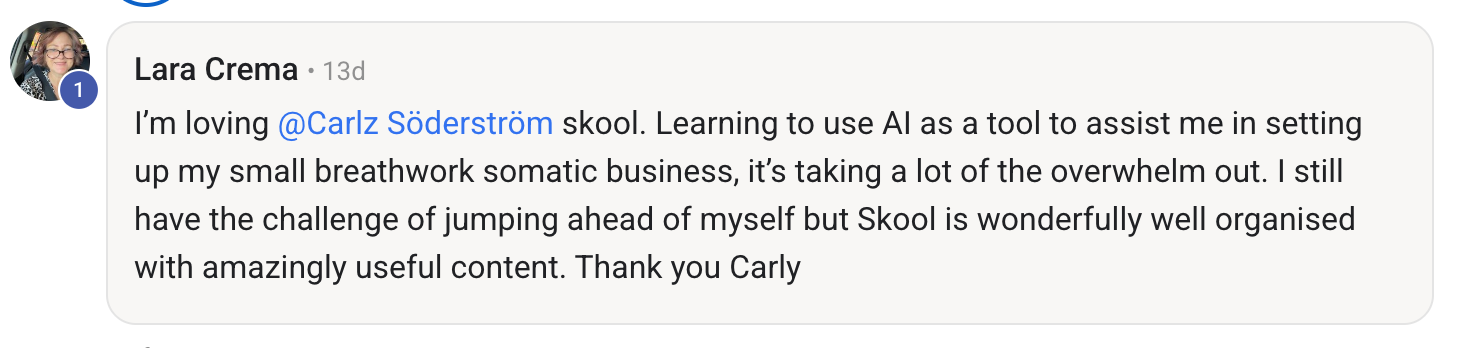 Screenshot of a social media comment from Lara Crema praising Carlz Söderström's Skool platform and its content.