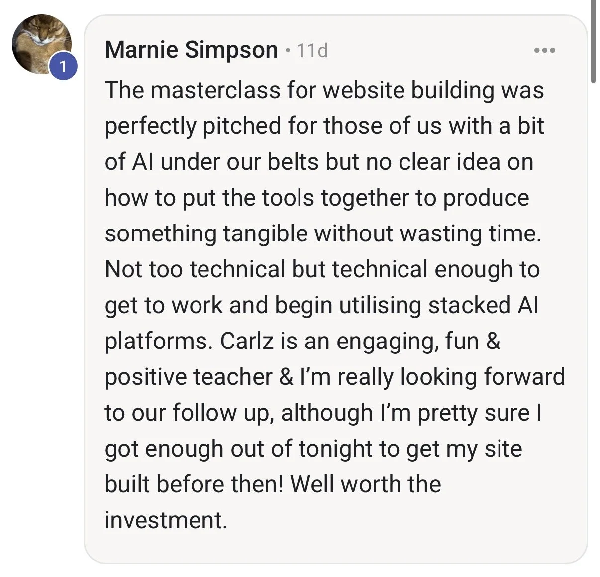 Screenshot of a Facebook post praising a website building masterclass and a student named Marnie Simpson.
