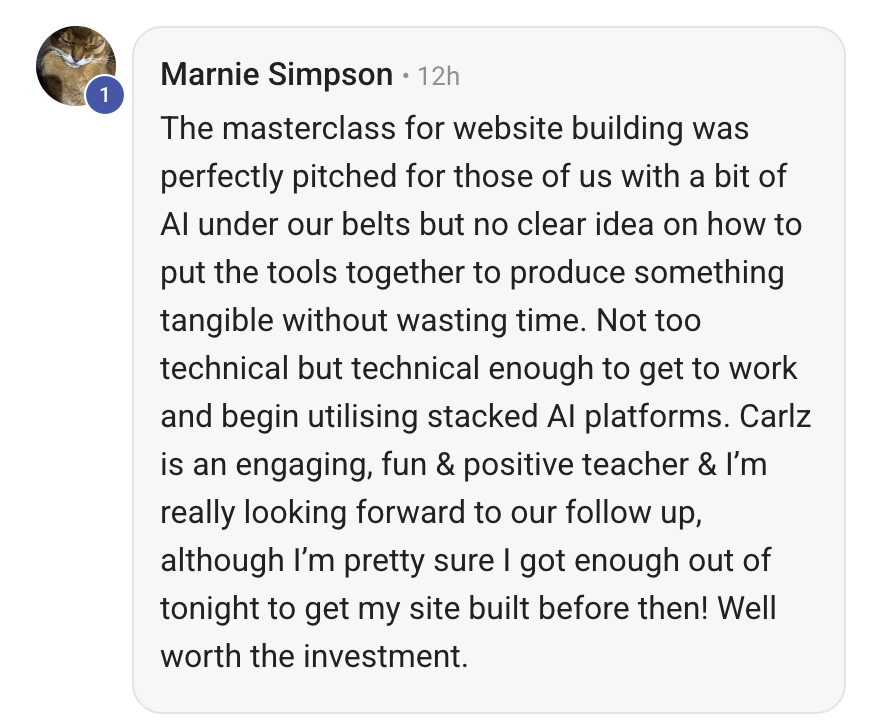 Screenshot of a Facebook post by Marnie Simpson discussing website building and AI tools, featuring a profile picture of a cat.