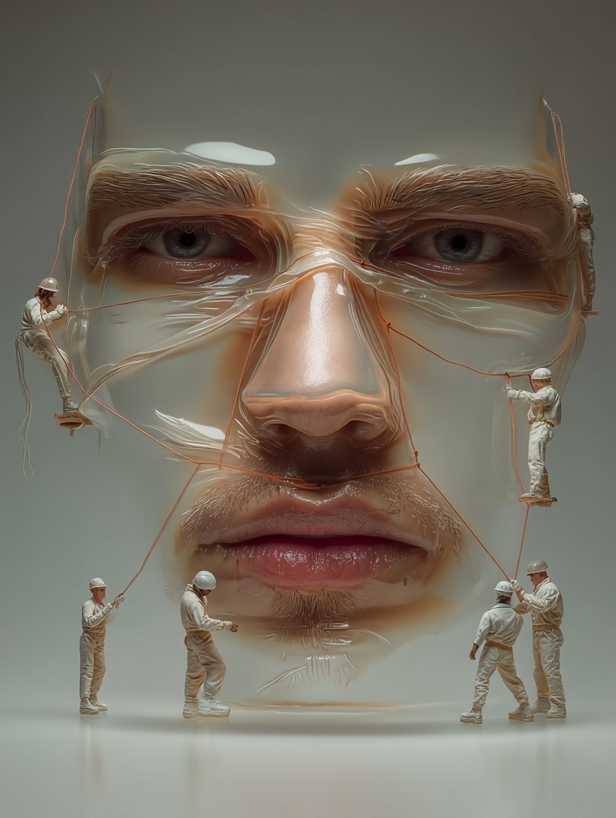 Miniature workers in white uniforms and helmets appear to be making a human face mask, which is a large, transparent plastic sheet with facial features printed underneath, resembling a man's face.