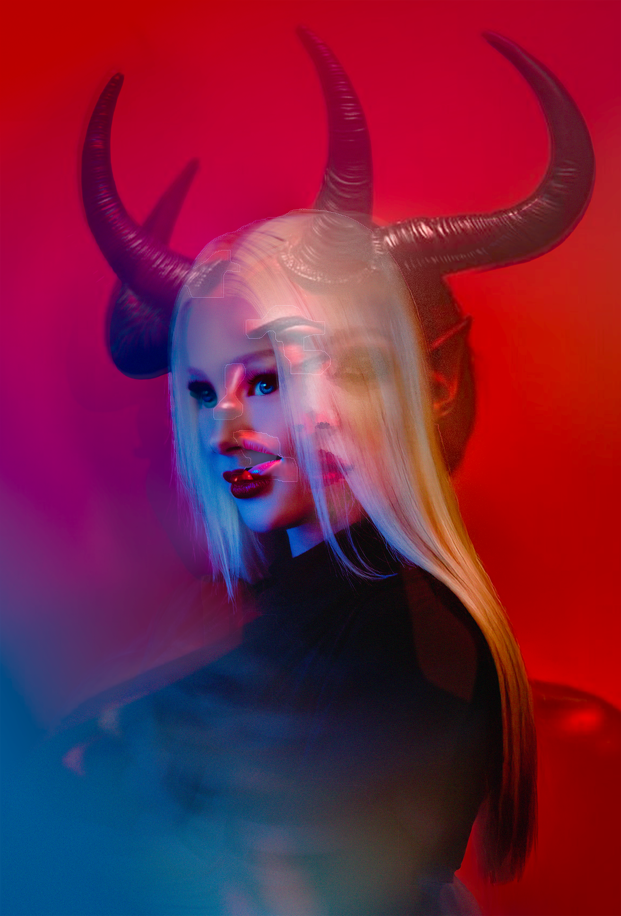 A woman wearing a headpiece with large black horns and glowing makeup against a red background, with a digital distortion effect.