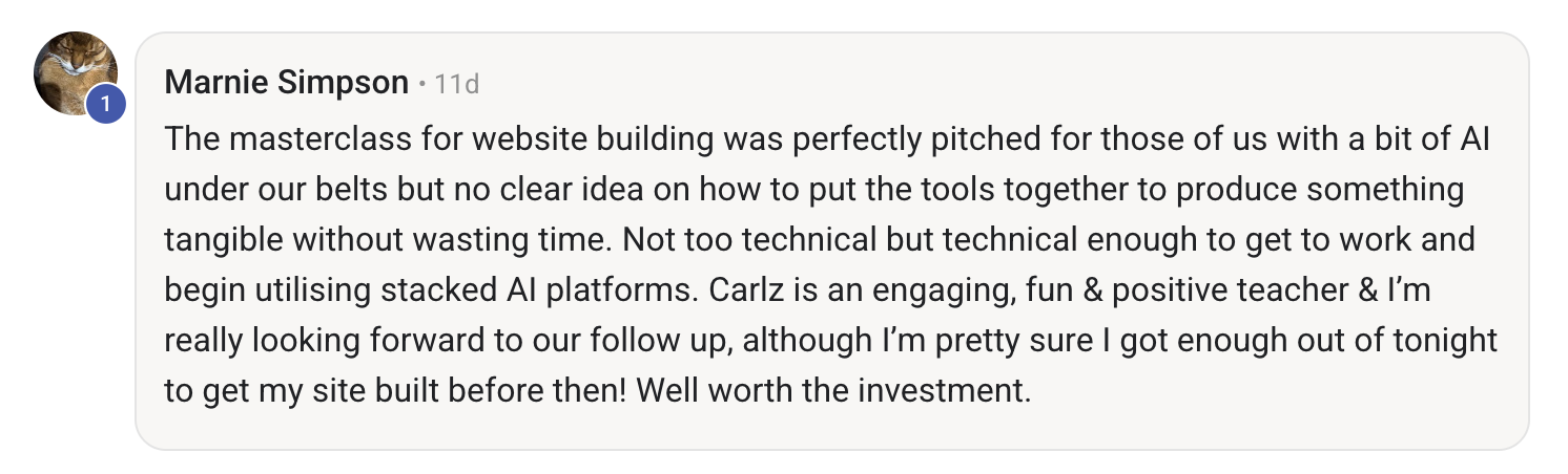 A screenshot of a Facebook comment by Marnie Simpson discussing a website building masterclass and her experience with AI tools.
