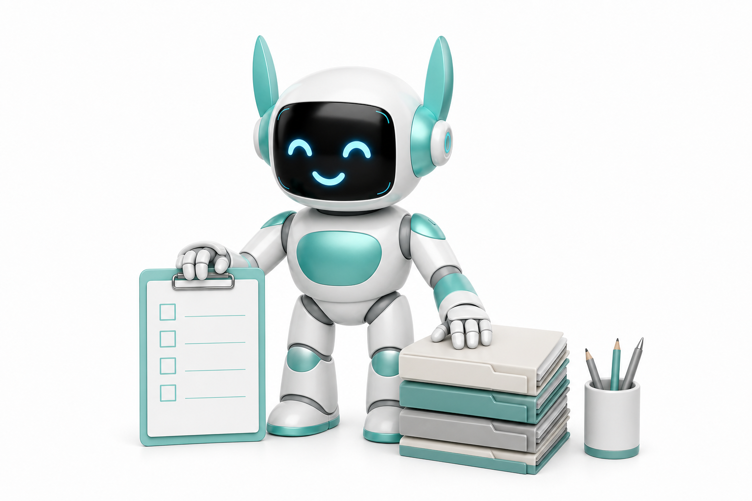 A robot with a smiling face on its screen, holding a checklist in front of a stack of folders and a cup with pens and pencils.