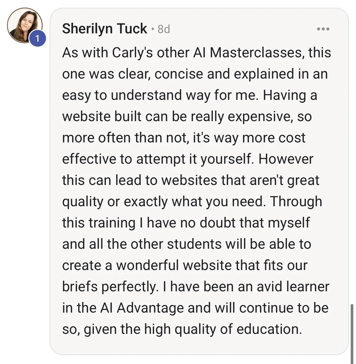 Screenshot of a Facebook comment by Sherilyn Tuck discussing AI masterclass training, website creation, and education.