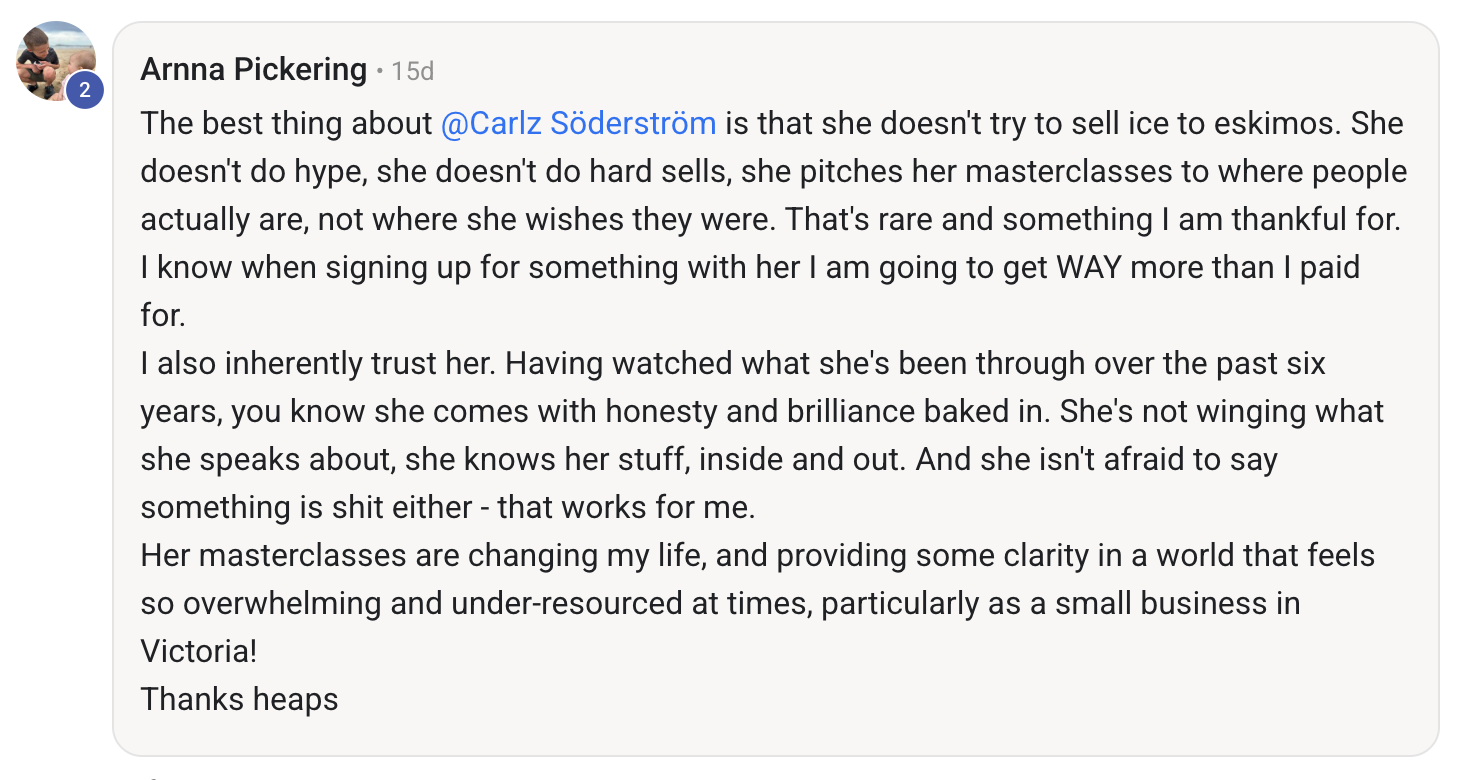 Screenshot of a Facebook comment praising Carlz Söderström and her approach to her work, emphasizing her honesty and trustworthiness.