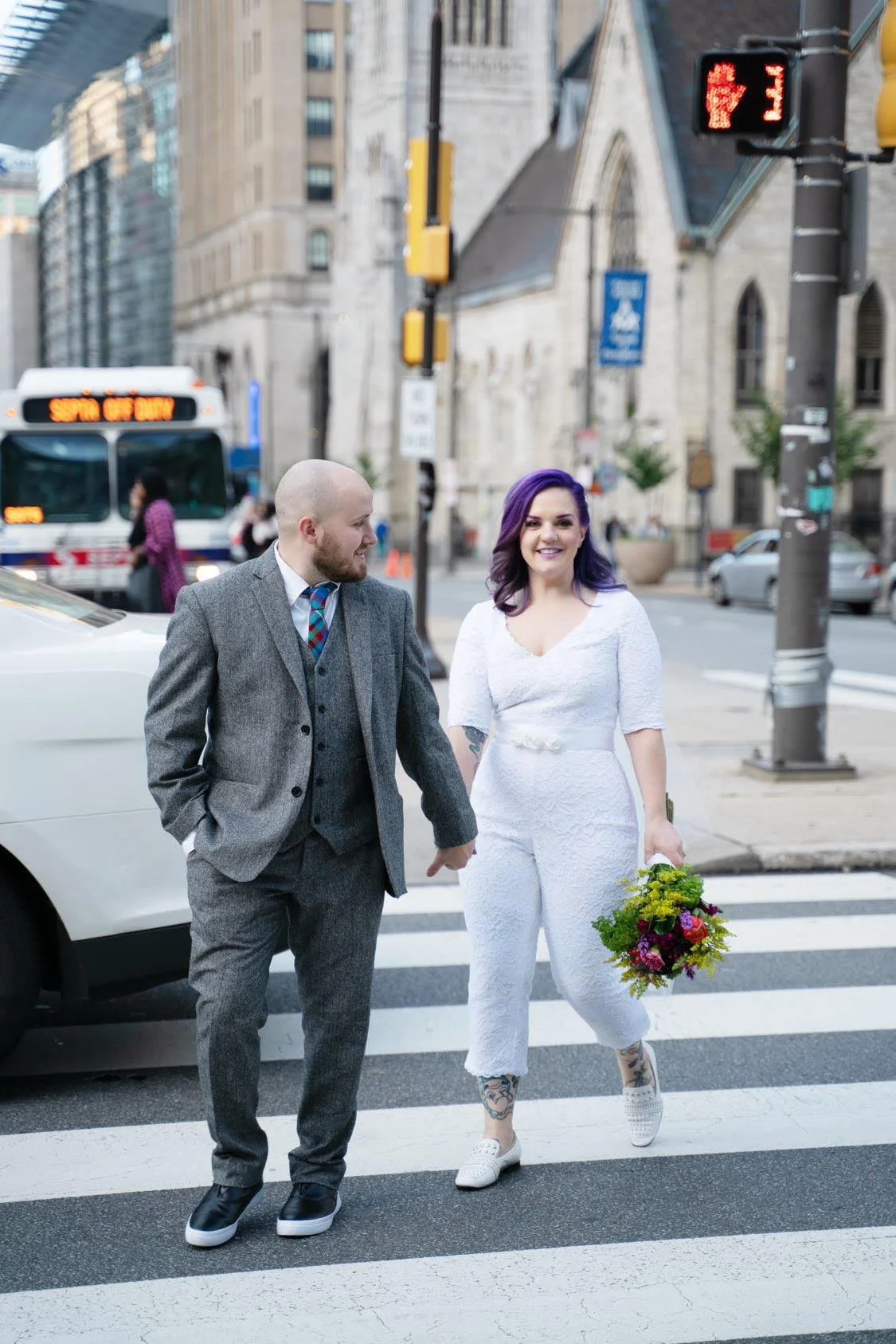 alt="Non-traditional custom lace wedding jumpsuit Philadelphia"