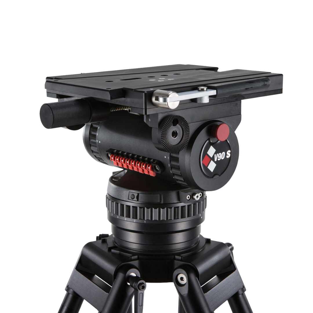 A professional camera crane or gimbal mounted on a tripod, used for stable video or photography filming.