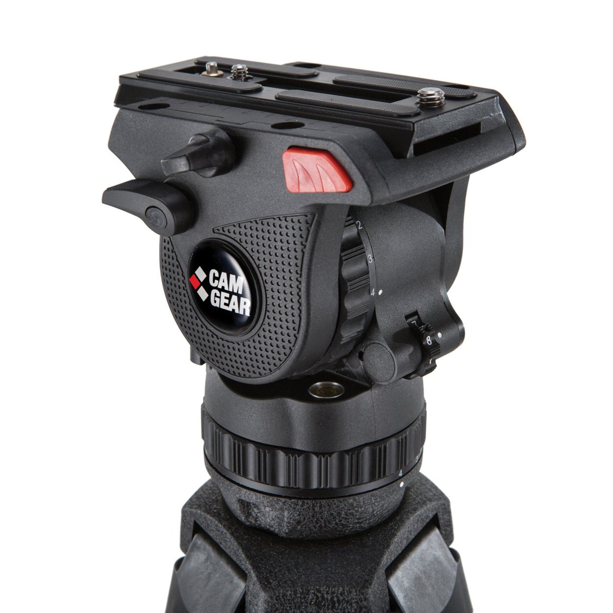 Camera tripod head with a CamGear logo, adjustable knobs, and mounting plate for attaching camera equipment.