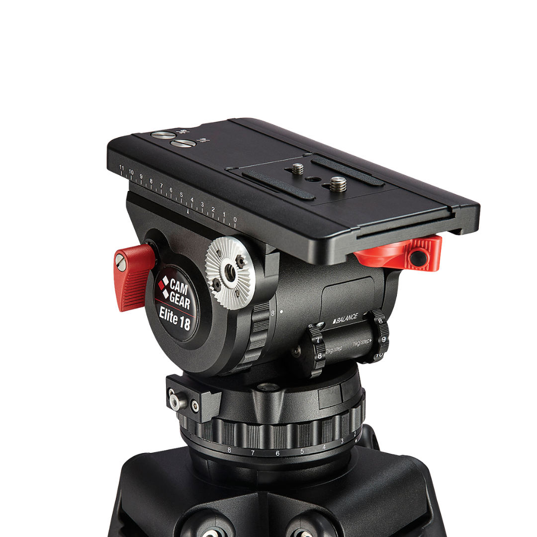 Professional camera tripod head with adjustment knobs and mounting platform for camera setup.