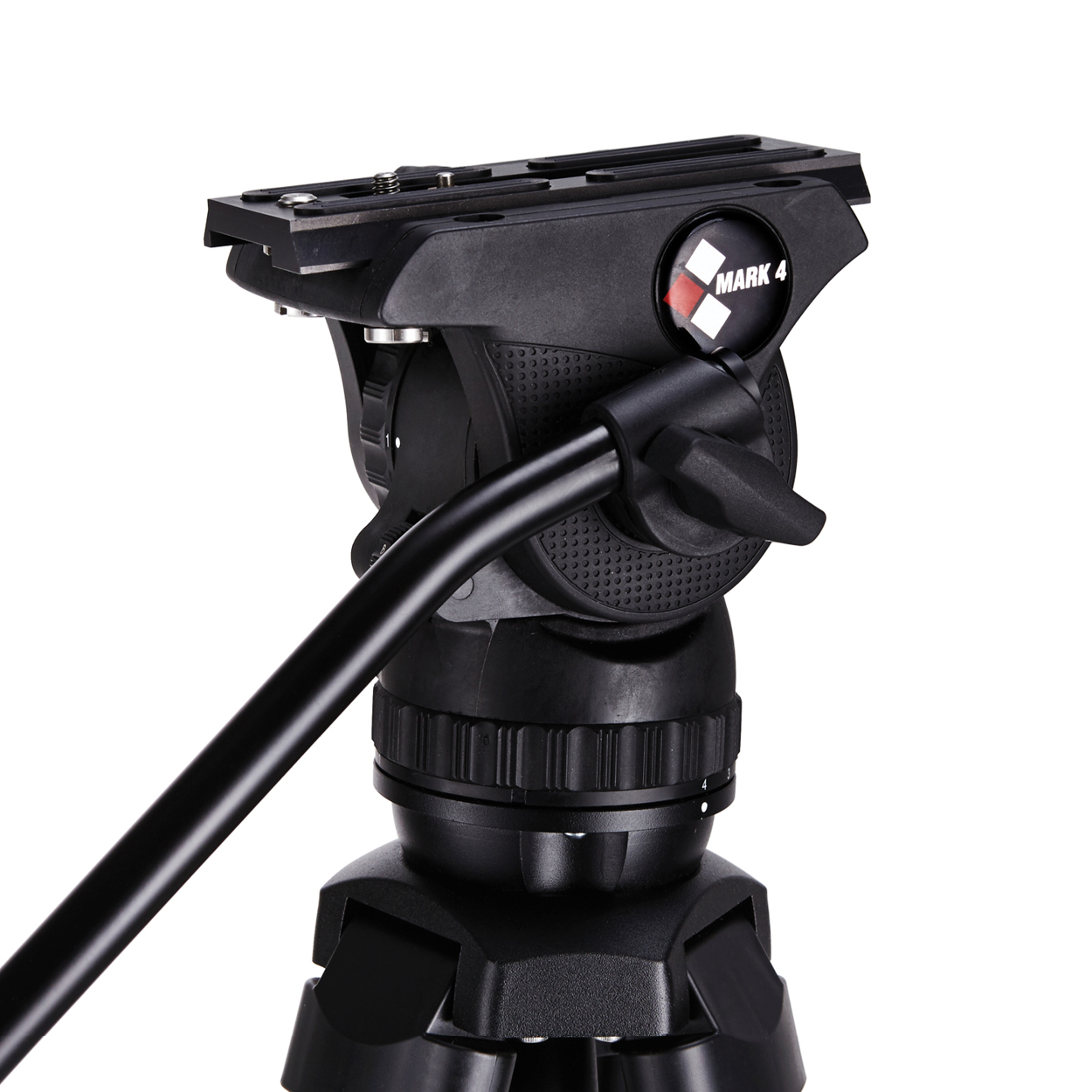 Close-up of a black surveying instrument mounted on a tripod, with a leveling scope and adjustment knobs.