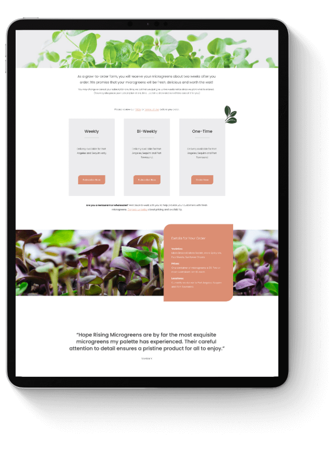 Ipad wtih Hope Rising Microgreens order page on Squarespace