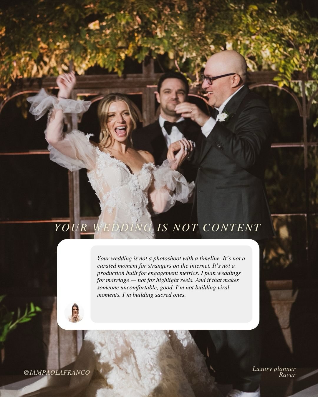 If you&rsquo;re planning your wedding for Instagram&hellip; pause.
Controversial? Yes.
But I design weddings for marriage &mdash; not engagement rates.
Future house wives who want intentional luxury &mdash; I&rsquo;m your planner.

Comment &ldquo;SOU
