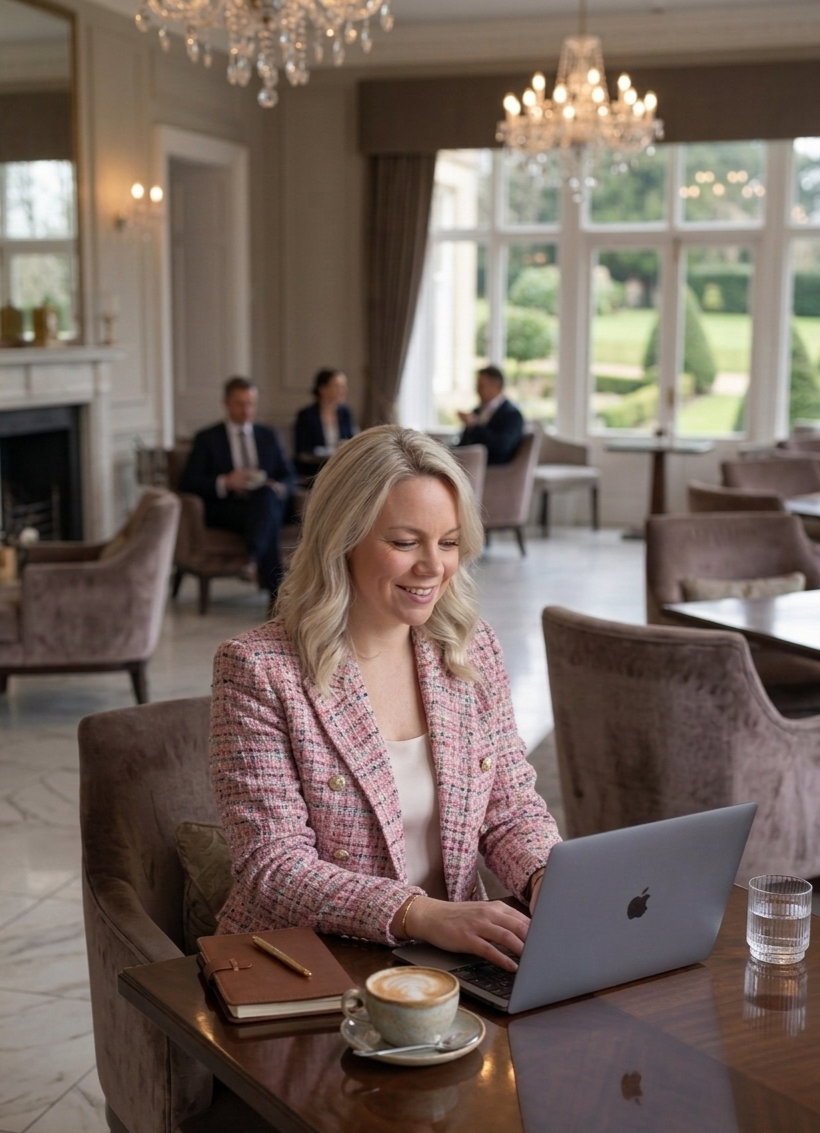 A woman working on a MacBook in a well-lit, elegant room with large windows and chandeliers. She is seated at a wooden table with a coffee cup, glass of water, notebook, and pen. In the background, there are other people seated and chatting.