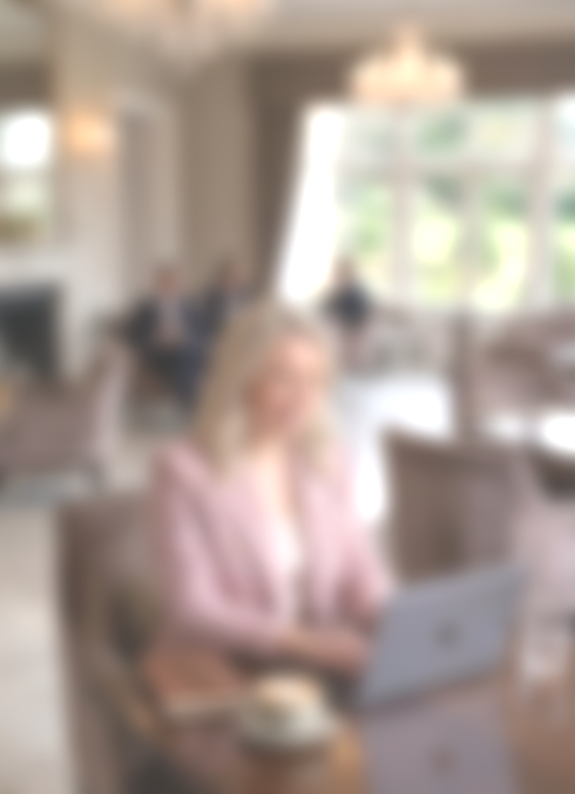 Blurry photo of a woman working on a laptop at a dining table in a bright, modern room with large windows and other people in the background.