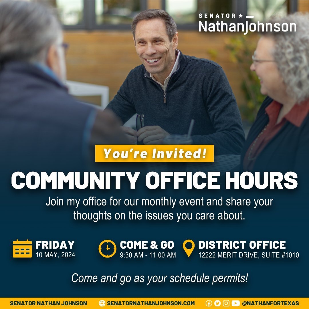 Reminder: Join #TeamJohnson tomorrow for our monthly Community Office Hours from 9:30 to 11:00 a.m. CT. Stop by to chat with us, ask questions, and share your thoughts on the issues that matter most to you.

RSVP today: bit.ly/3U9azlD #TXLege #SD16