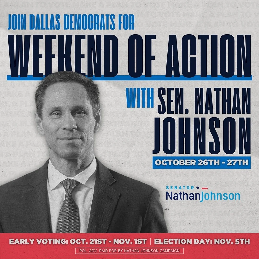 Early voting is underway! Join me, #TeamJohnson, and the Texas Offense for our Weekend of Action. Let's ensure our neighbors have a solid plan to vote in this election! 

➡️ Irving Block Walk: bit.ly/TOIrvingBW
➡️ Oak Lawn Block Walk: bit.ly/TOOakLaw