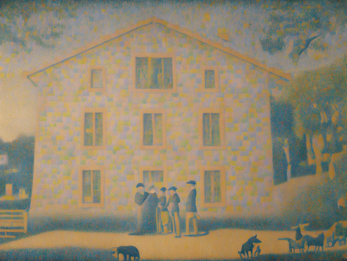 Pointillist painting of a group of people and animals in front of a large, multi-story house with a patchwork appearance.
