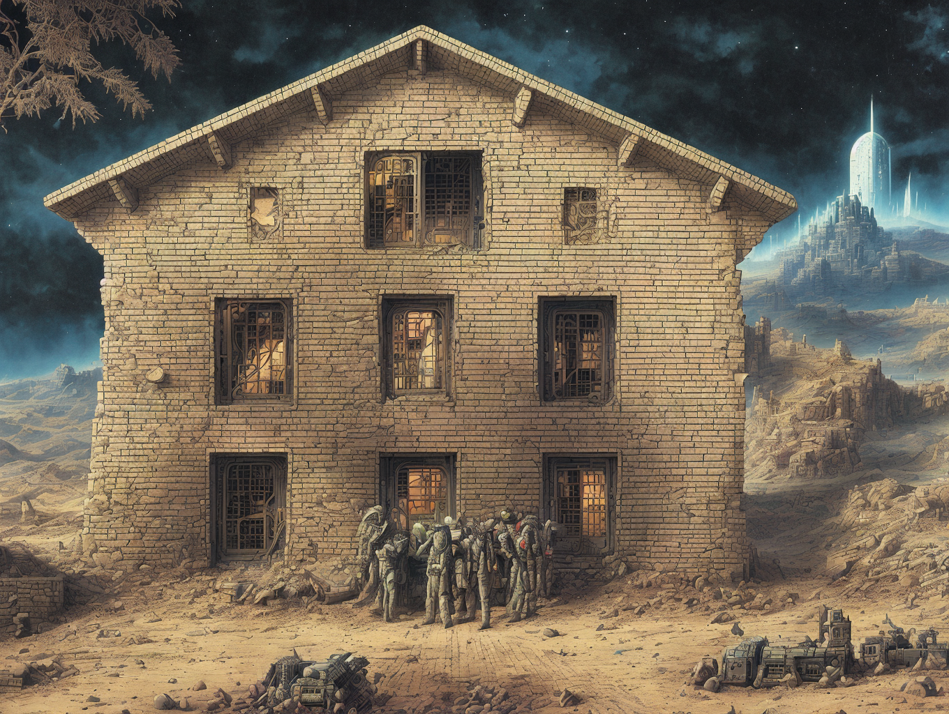 Futuristic scene depicting a group of soldiers in front of a large, weathered brick building with barred windows. The landscape is barren and surreal, with a cityscape illuminated in the background under a starry sky.